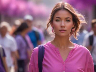 A woman embodying essentialism confidently striding down a busy street in a pink shirt.