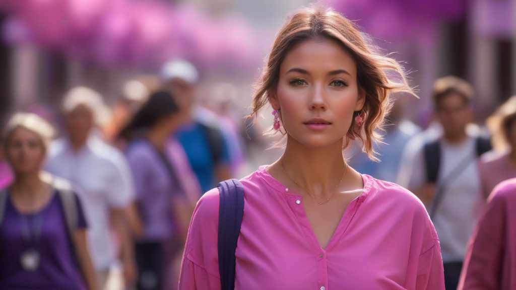 A woman embodying essentialism confidently striding down a busy street in a pink shirt.