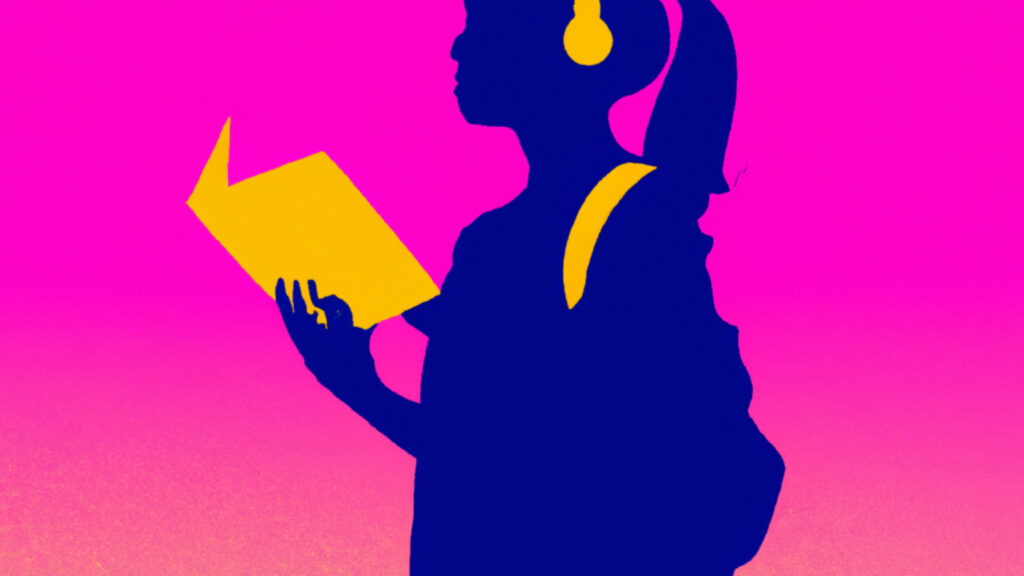 Silouhette of a girl against a pink background. She is wearing headphones and holding a book, depecting to change your thoughts you need to change your soundtracks