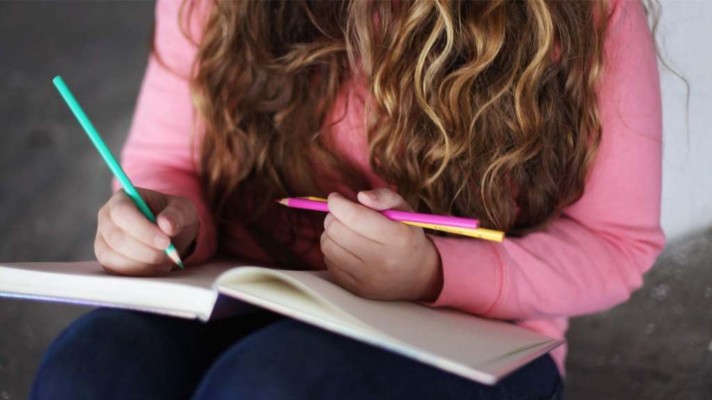 A girl with long hair is writing her weekly review in a notebook.