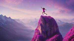 A woman is embracing a growth mindset as she leaps atop a mountain.