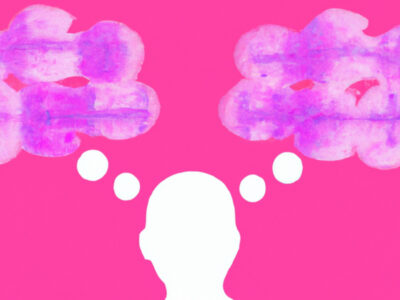 silouhette of a person against a pink background with two thought bubbles showing that you can change your thoughts