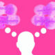 silouhette of a person against a pink background with two thought bubbles showing that you can change your thoughts
