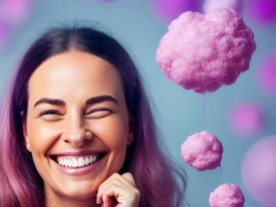a girl smiling at the camera with pink fluffy clouds around her depicting an experimental mindset