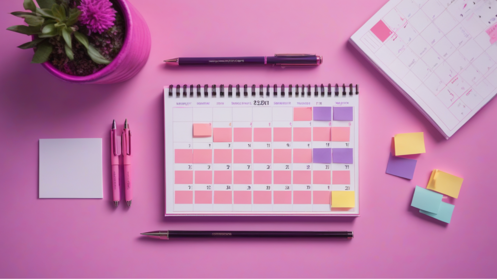 A plant, sticky notes, and a pink calendar inspire goals and resolutions on a vibrant background.