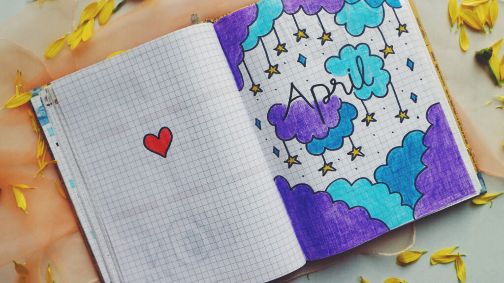 ideas for journaling - decorated journal pages one showing a heart and one saying April