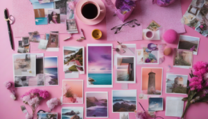 A vision board with a pink background and a variety of photos, including a cup of coffee.