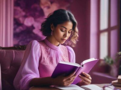 A woman journaling about books in a purple room.