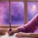 A woman is manifesting her desires while journaling in front of a window with stars in the background.