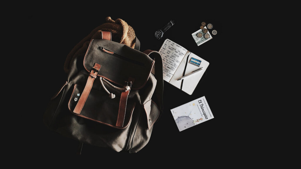 rucksack, notebook, book, money