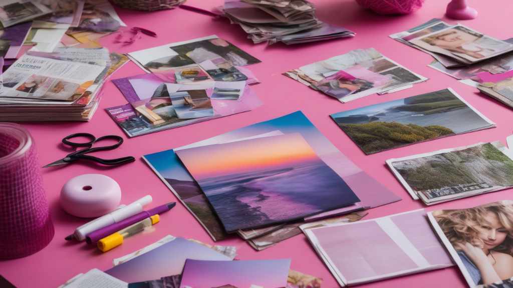 A vision board adorned with numerous photos and papers, featuring a prominent pink table.