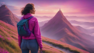 A woman with a backpack is achieving her goals while standing on top of a mountain.